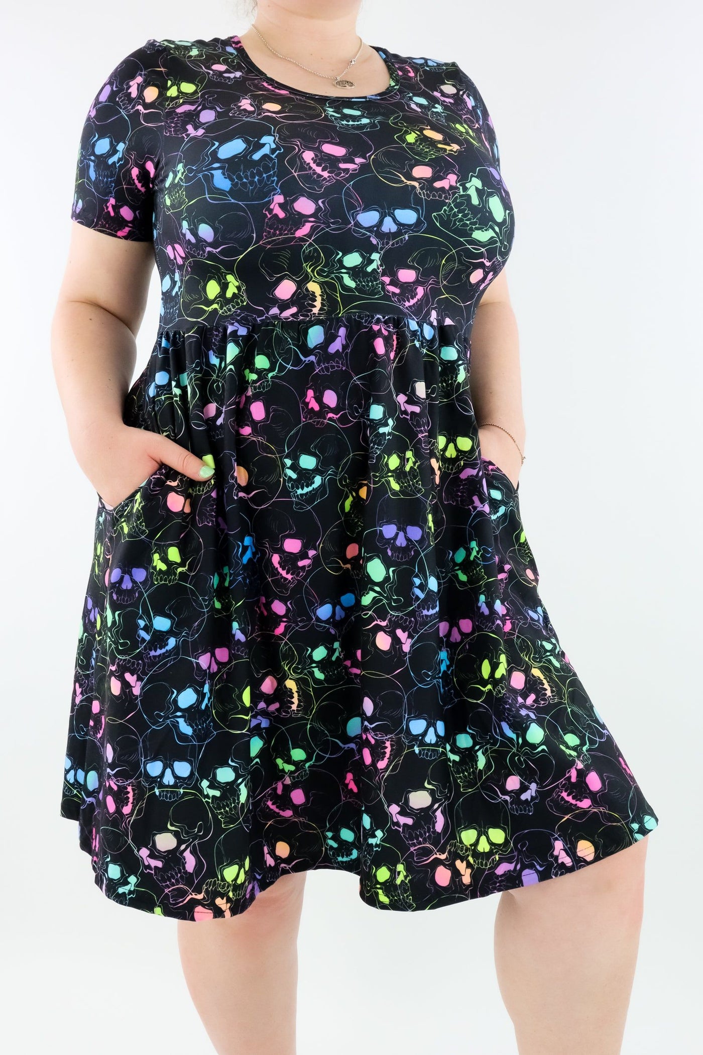 Neon Skull - Short Sleeve Skater Dress - Knee Length - Side Pockets Knee Length Skater Dress Pawlie   