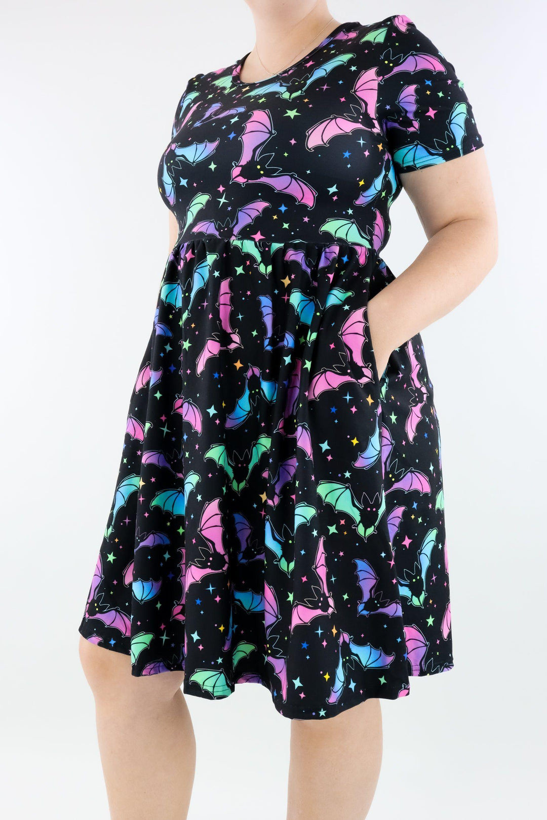 Neon Bats - Short Sleeve Skater Dress - Knee Length - Side Pockets Knee Length Skater Dress Pawlie   