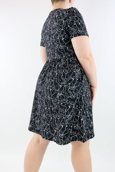 Familiar Cat - Short Sleeve Skater Dress - Knee Length - Side Pockets Knee Length Skater Dress Pawlie   