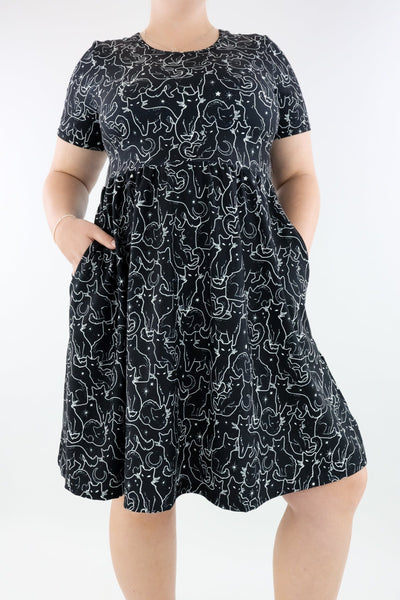 Familiar Cat - Short Sleeve Skater Dress - Knee Length - Side Pockets Knee Length Skater Dress Pawlie   