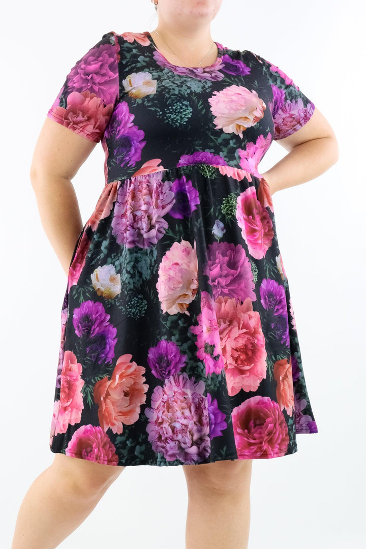 Peony Passion - Short Sleeve Skater Dress - Knee Length - Side Pockets - Pawlie