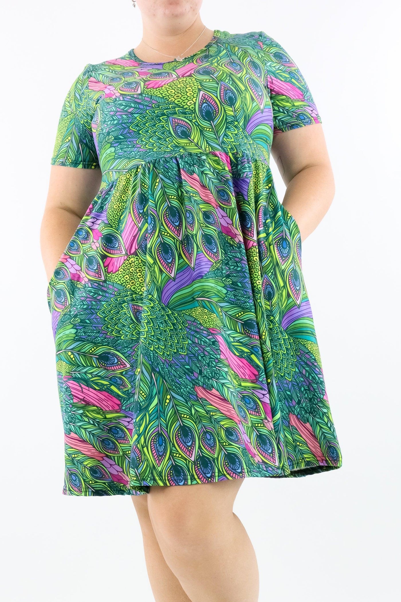 Peacock - Short Sleeve Skater Dress - Knee Length - Side Pockets - Pawlie