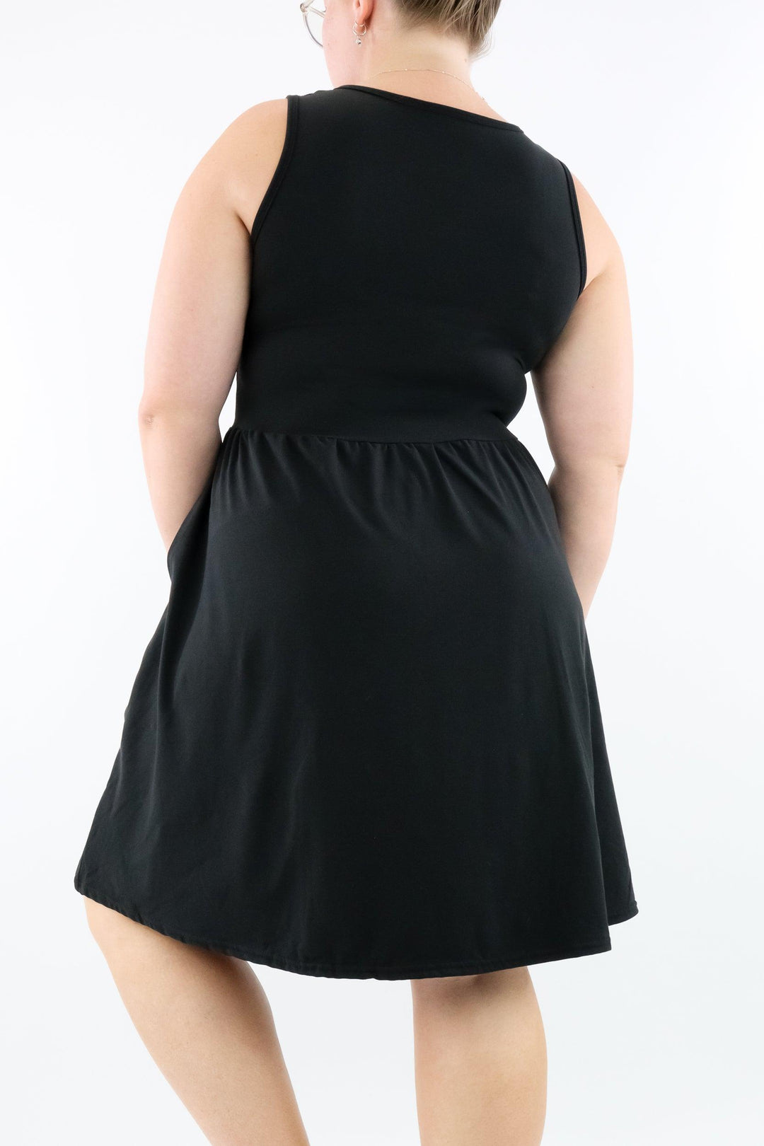 Black - Sleeveless Skater Dress - Knee Length - Side Pockets - Pawlie