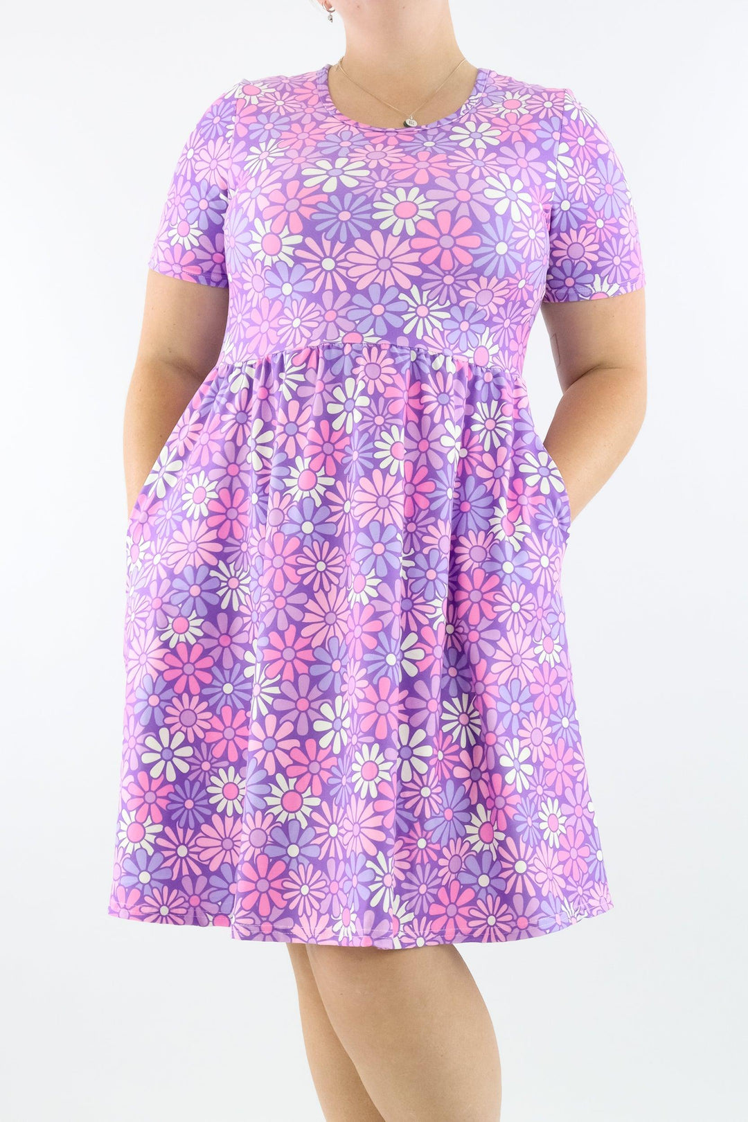 Lilac Daisies - Short Sleeve Skater Dress - Knee Length - Side Pockets - Pawlie