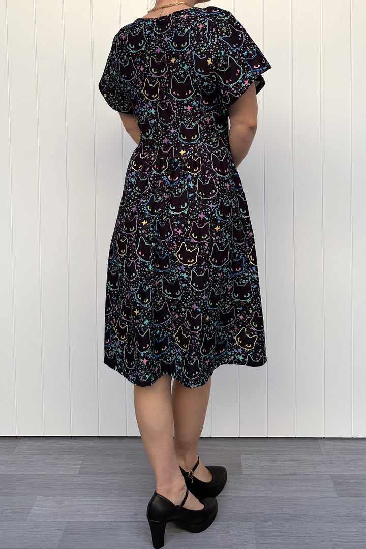 Neon Cats - Knee Length Dress - Flutter Sleeve - Pockets