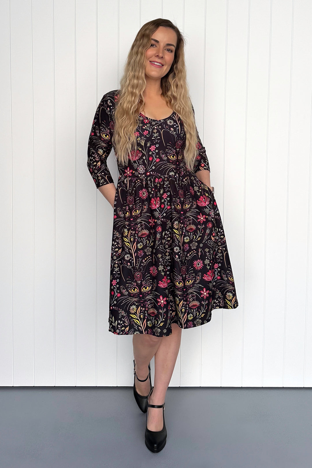 Whiskers & Wildflowers - 3/4 Sleeve - Knee Length Dress - Pockets