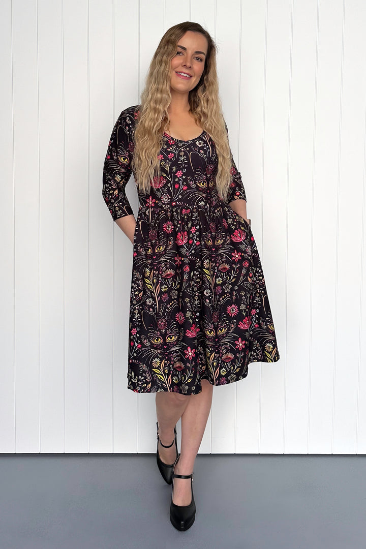 Whiskers & Wildflowers - 3/4 Sleeve - Knee Length Dress - Pockets