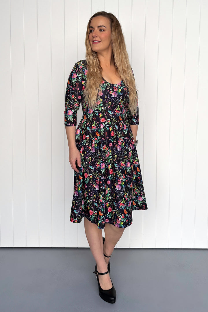 Birds and Blooms - 3/4 Sleeve - Knee Length Dress - Pockets