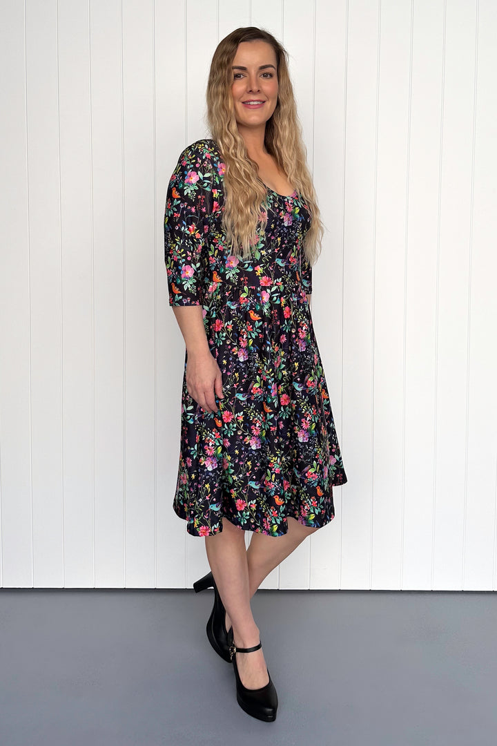 Birds and Blooms - 3/4 Sleeve - Knee Length Dress - Pockets
