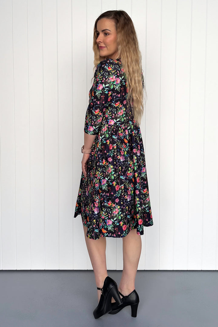 Birds and Blooms - 3/4 Sleeve - Knee Length Dress - Pockets