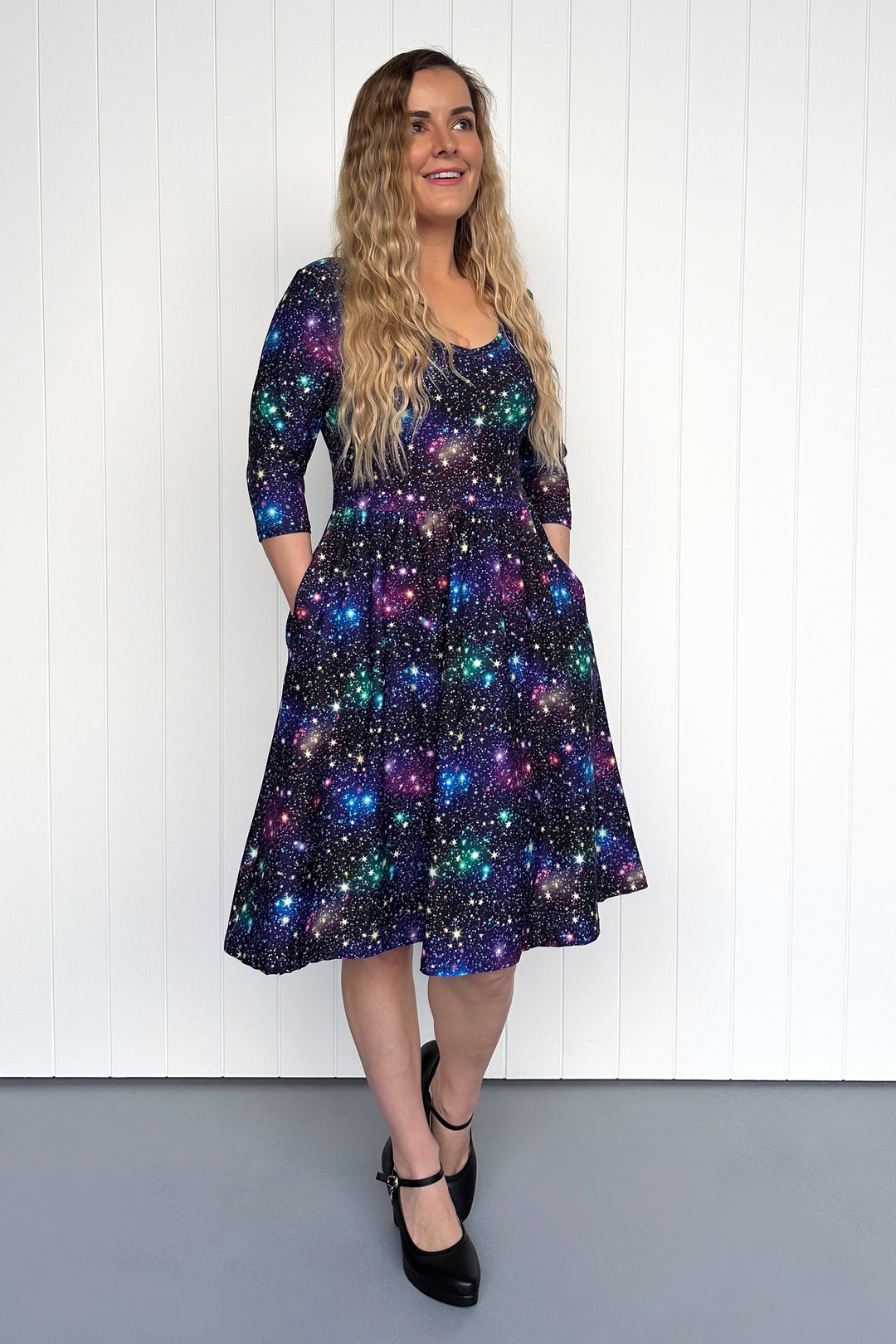 Galaxies Far Away - 3/4 Sleeve - Knee Length Dress - Pockets