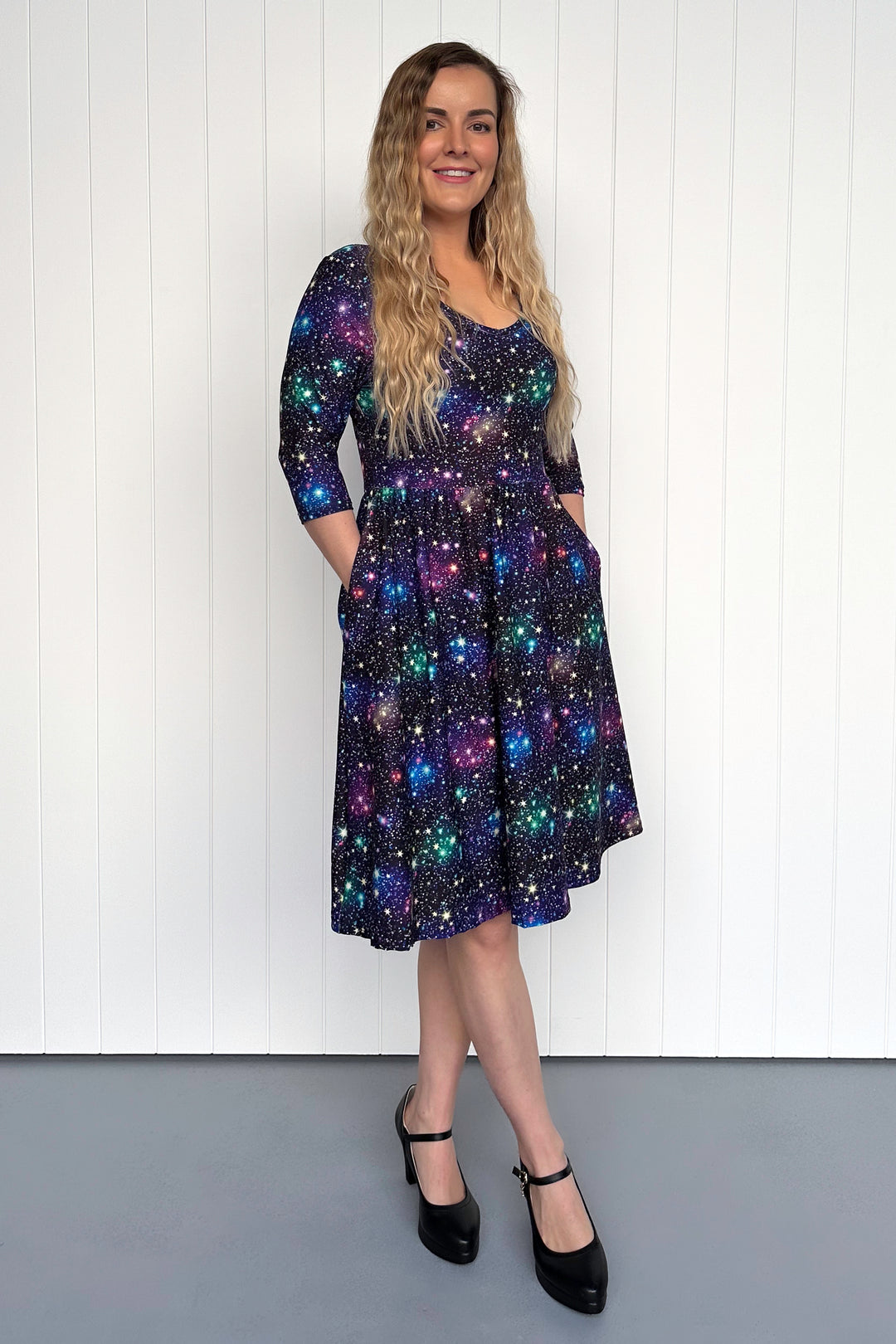 Galaxies Far Away - 3/4 Sleeve - Knee Length Dress - Pockets