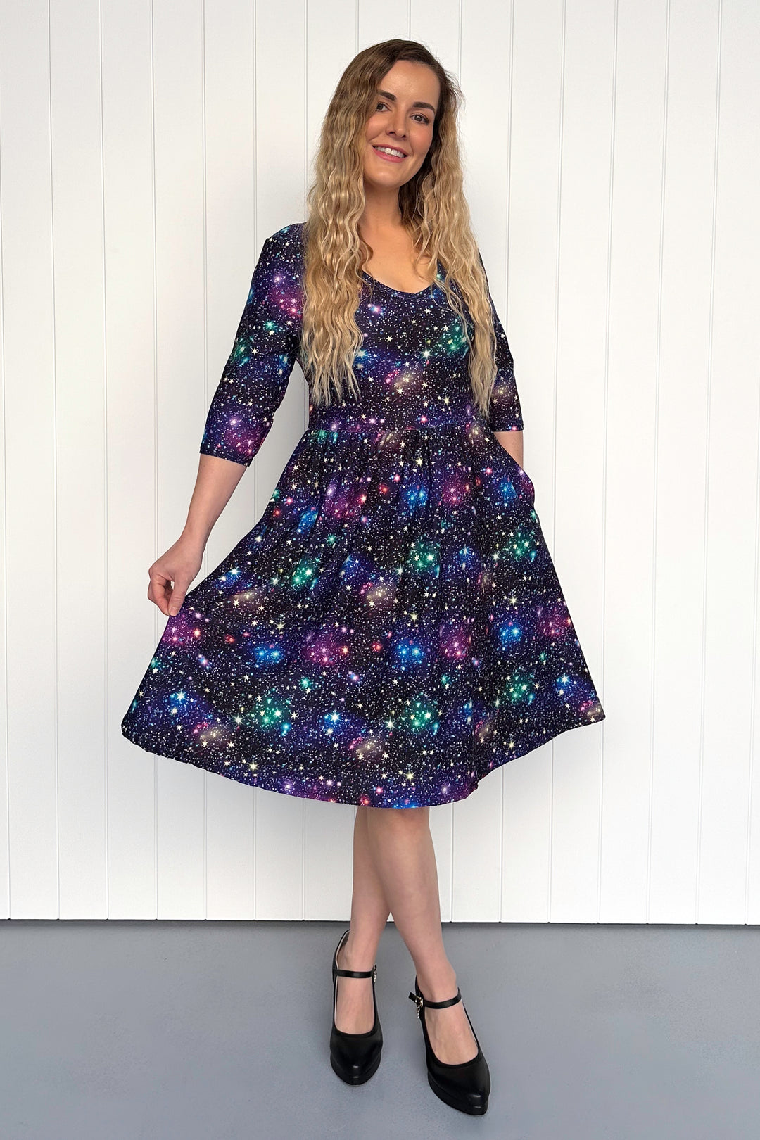 Galaxies Far Away - 3/4 Sleeve - Knee Length Dress - Pockets