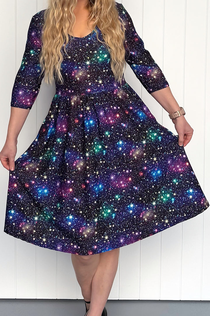 Galaxies Far Away - 3/4 Sleeve - Knee Length Dress - Pockets