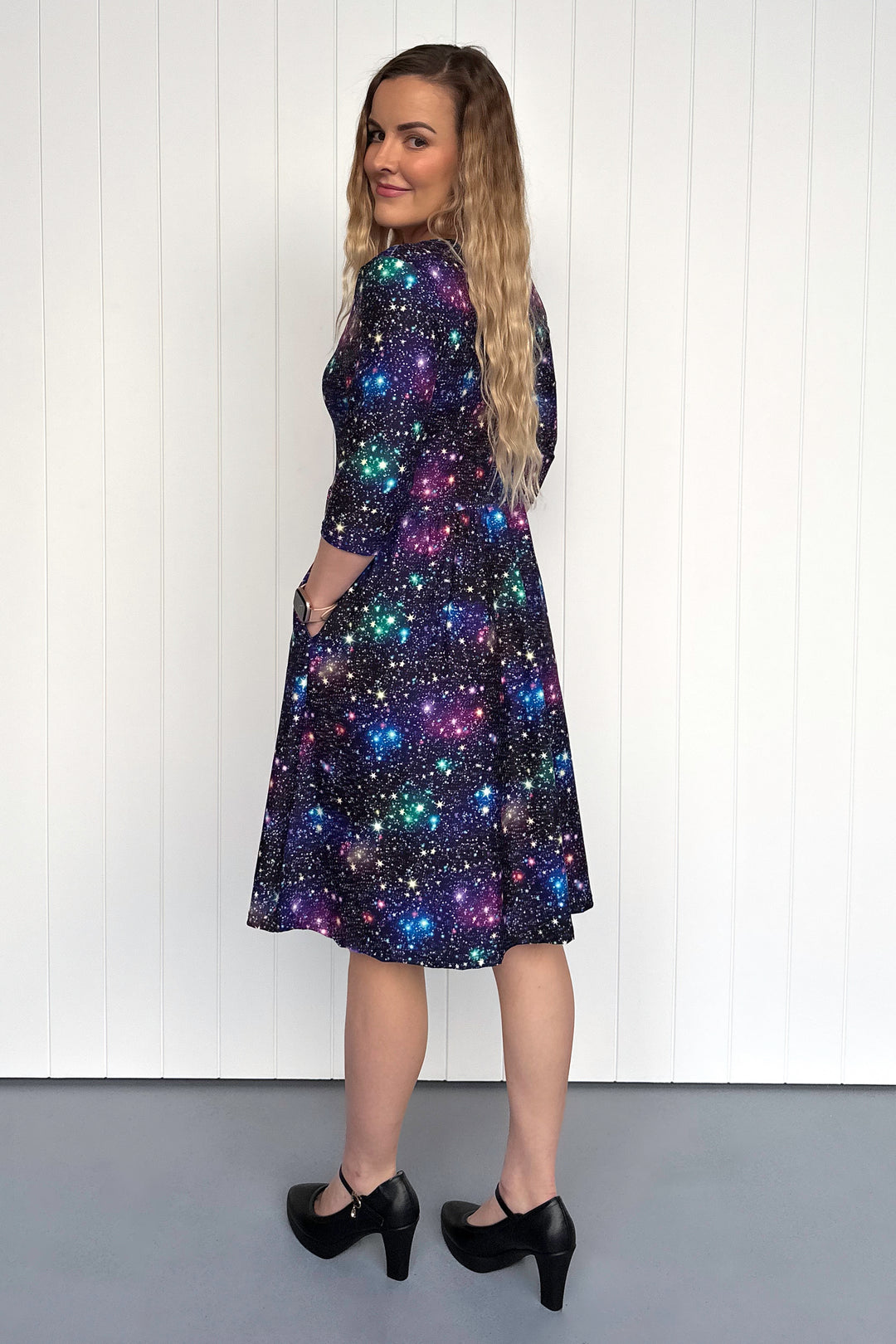 Galaxies Far Away - 3/4 Sleeve - Knee Length Dress - Pockets