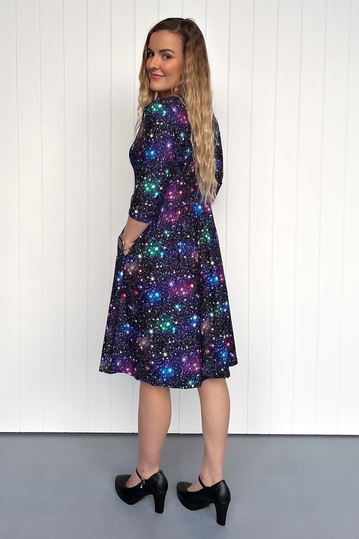 Galaxies Far Away - 3/4 Sleeve - Knee Length Dress - Pockets