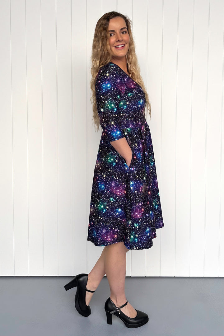 Galaxies Far Away - 3/4 Sleeve - Knee Length Dress - Pockets