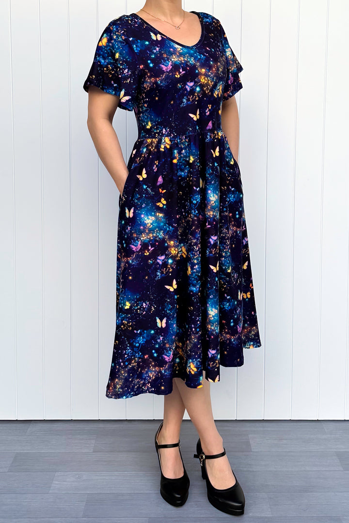 Cosmic Butterfly - Midi Dress - Flutter Sleeve - Pockets