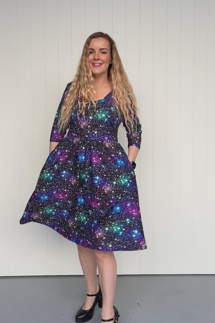 Galaxies Far Away - 3/4 Sleeve - Knee Length Dress - Pockets