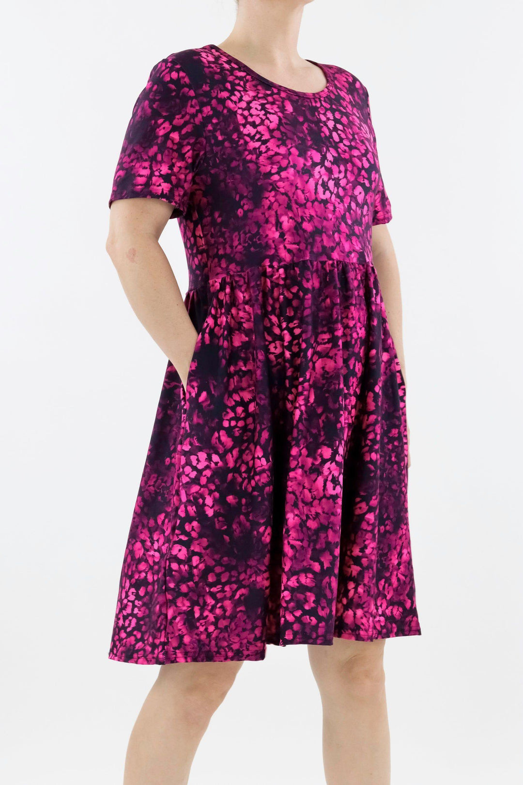 Berry Leopard - Short Sleeve Skater Dress - Knee Length - Side Pockets Knee Length Skater Dress Pawlie   