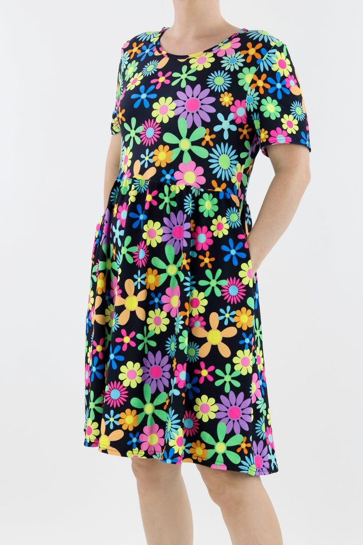 Flower Power - Short Sleeve Skater Dress - Knee Length - Side Pockets Knee Length Skater Dress Pawlie   