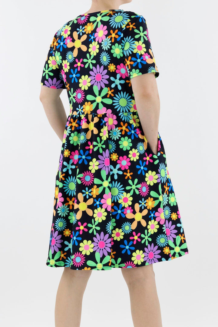 Flower Power - Short Sleeve Skater Dress - Knee Length - Side Pockets Knee Length Skater Dress Pawlie   