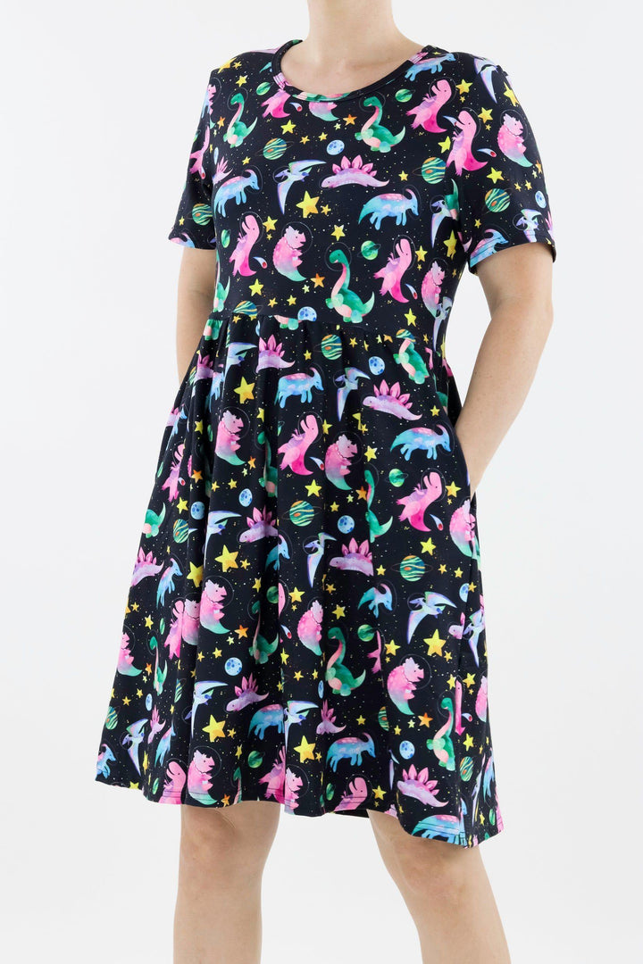 Space Dinosaurs - Short Sleeve Skater Dress - Knee Length - Side Pockets Knee Length Skater Dress Pawlie   
