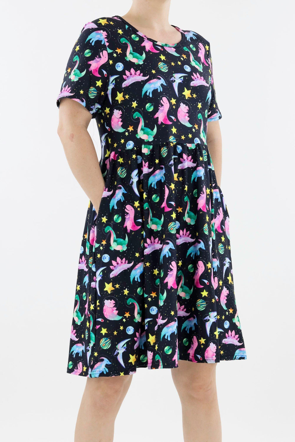 Space Dinosaurs - Short Sleeve Skater Dress - Knee Length - Side Pockets Knee Length Skater Dress Pawlie   