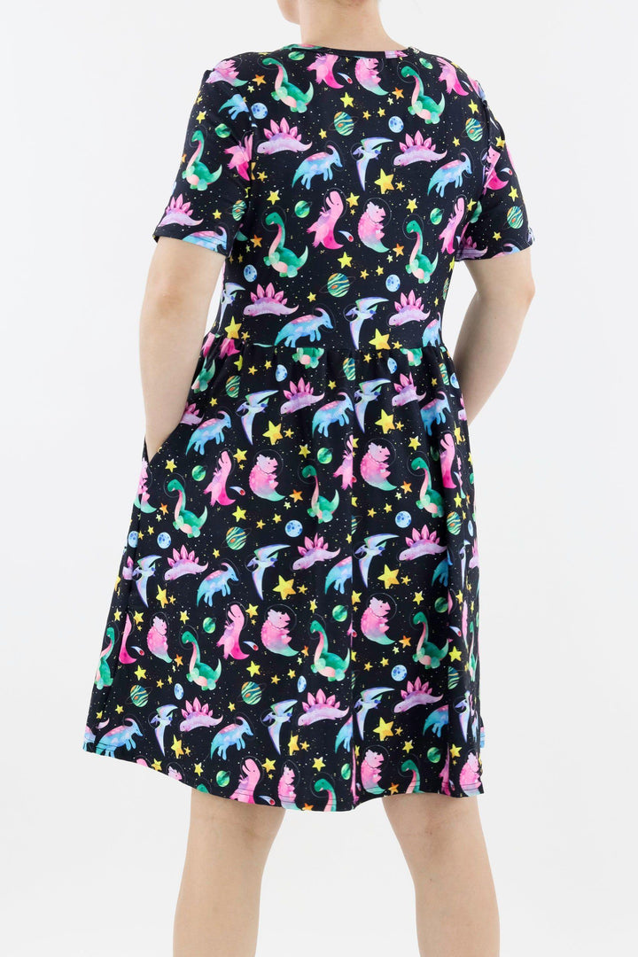 Space Dinosaurs - Short Sleeve Skater Dress - Knee Length - Side Pockets Knee Length Skater Dress Pawlie   