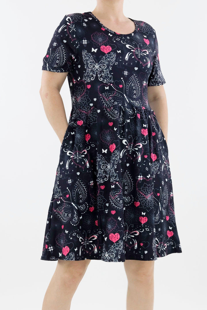 Butterfly Love - Short Sleeve Skater Dress - Knee Length - Side Pockets Knee Length Skater Dress Pawlie   